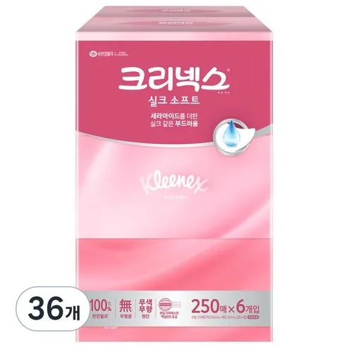 크리넥스 실크소프트 천연펄프 미용티슈 2겹, 250매, 36개